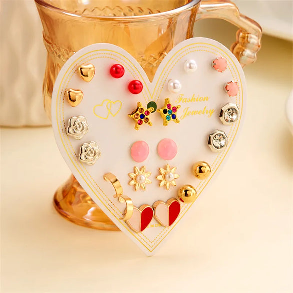 12 Pairs Casual Cute Heart Shape Strawberry Butterfly Inlay Alloy Artificial Rhinestones Ear Studs