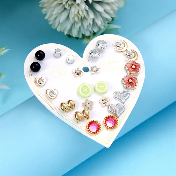 12 Pairs Casual Cute Heart Shape Strawberry Butterfly Inlay Alloy Artificial Rhinestones Ear Studs