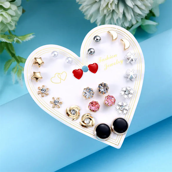 12 Pairs Casual Cute Heart Shape Strawberry Butterfly Inlay Alloy Artificial Rhinestones Ear Studs
