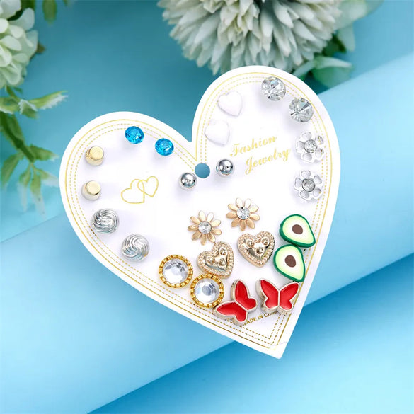 12 Pairs Casual Cute Heart Shape Strawberry Butterfly Inlay Alloy Artificial Rhinestones Ear Studs