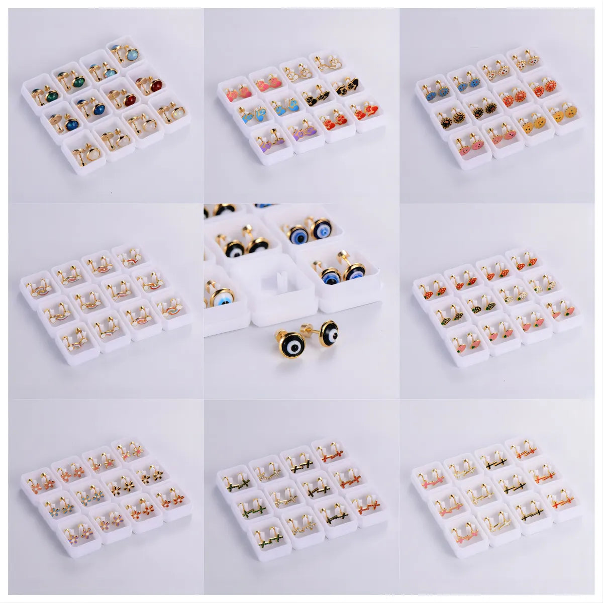 12 Pairs Casual Cute Simple Style Animal Devil's Eye Fruit Sequins Plating Inlay Stainless Steel Acrylic Turquoise Shell 18k Gold Plated Ear Studs