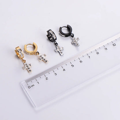 12 Pairs Casual Streetwear Cross Plating Inlay 304 Stainless Steel Artificial Diamond Drop Earrings