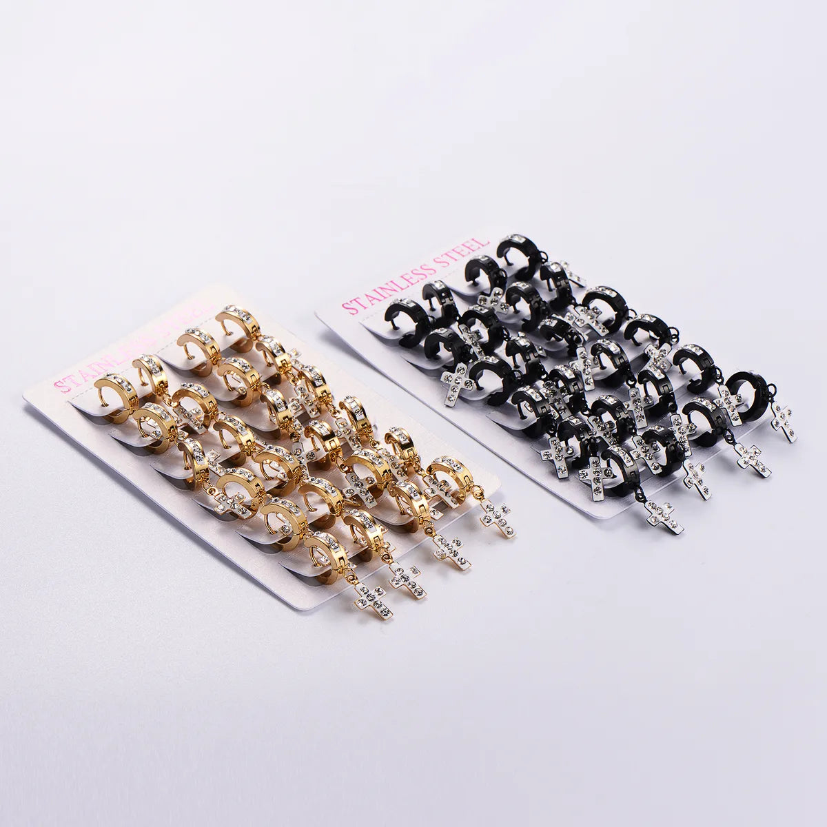 12 Pairs Casual Streetwear Cross Plating Inlay 304 Stainless Steel Artificial Diamond Drop Earrings