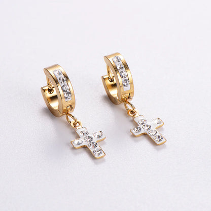 12 Pairs Casual Streetwear Cross Plating Inlay 304 Stainless Steel Artificial Diamond Drop Earrings