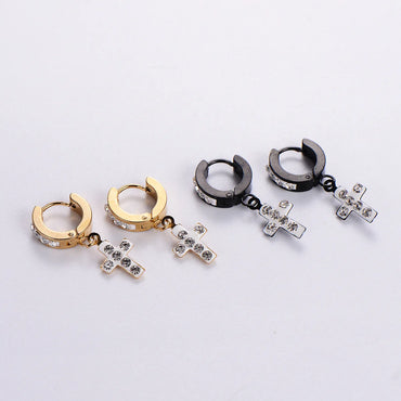 12 Pairs Casual Streetwear Cross Plating Inlay 304 Stainless Steel Artificial Diamond Drop Earrings