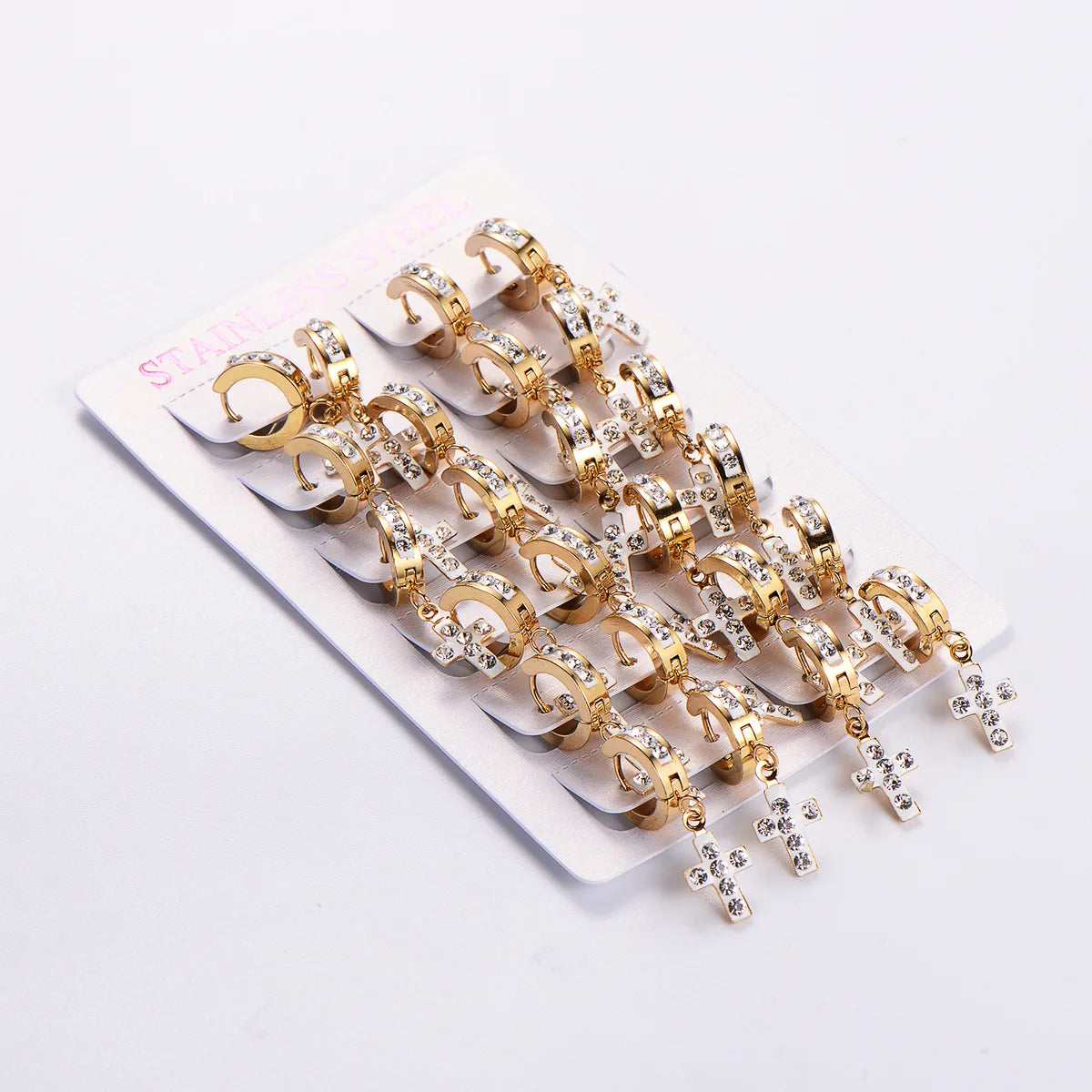 12 Pairs Casual Streetwear Cross Plating Inlay 304 Stainless Steel Artificial Diamond Drop Earrings