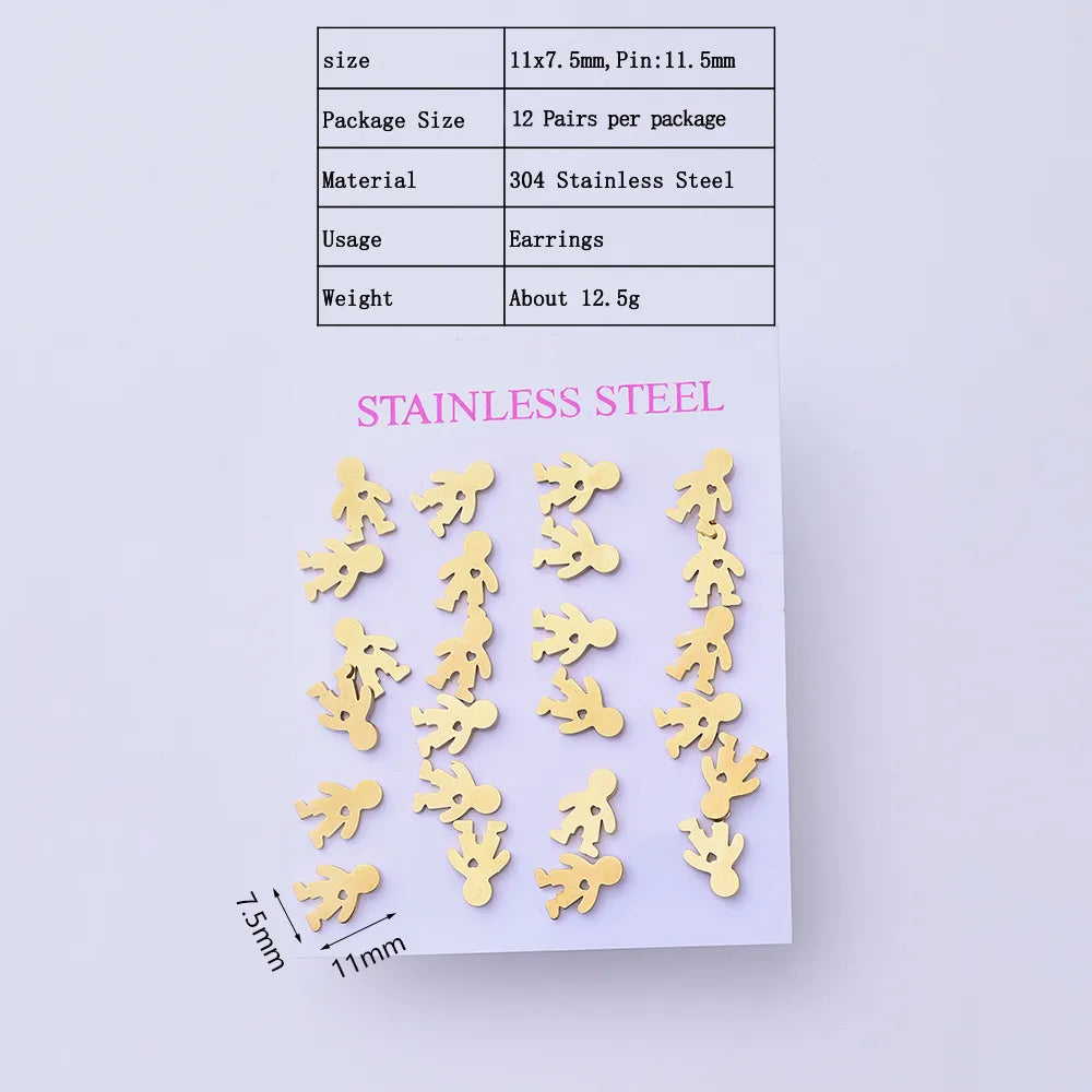 12 Pairs Cute Romantic Simple Style Human Handmade Polishing Laser 304 Stainless Steel Gold Plated Ear Studs