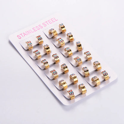 12 Pairs Simple Style Classic Style Solid Color Plating Inlay Stainless Steel Rhinestones 18K Gold Plated Earrings