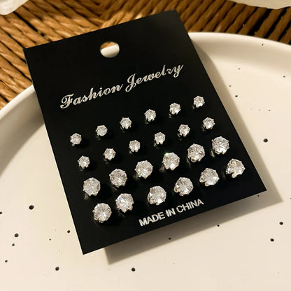 12 Pairs Simple Style Round Plating Inlay Alloy Zircon Gold Plated Rhodium Plated Ear Studs