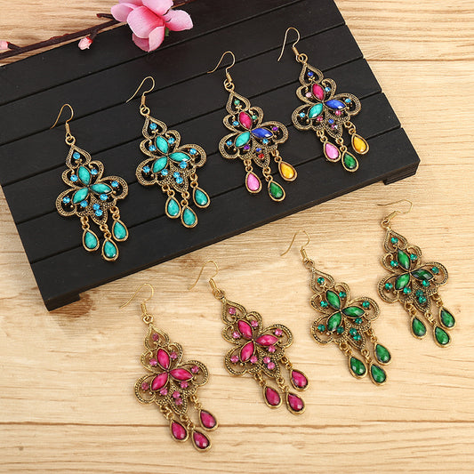 1 Pair Ethnic Style Water Droplets Metal Plating Inlay Artificial Gemstones Women's Drop Earrings