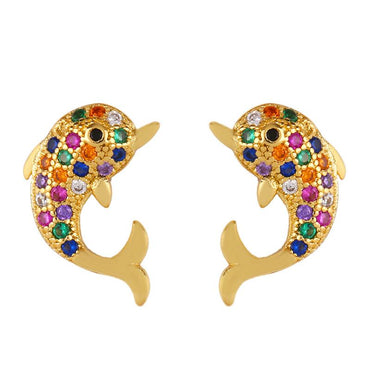 Simple Moving Color Copper Inlaid Zircon Elephant Dolphin Stud Earrings Nhas149172