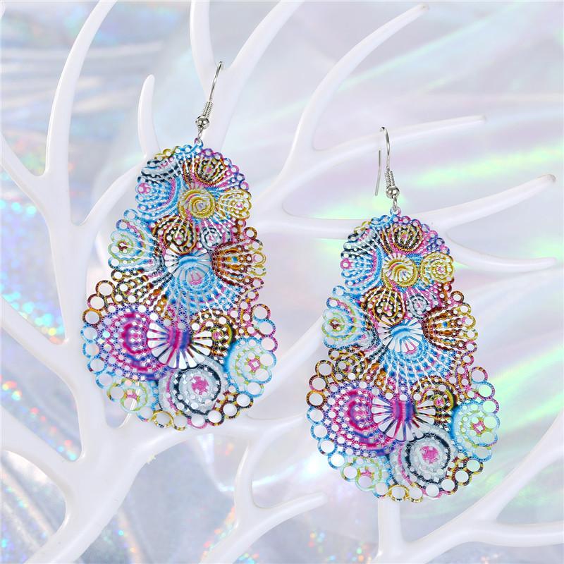 Geometric Colorful Openwork Carved Leaves Big Earrings Retro