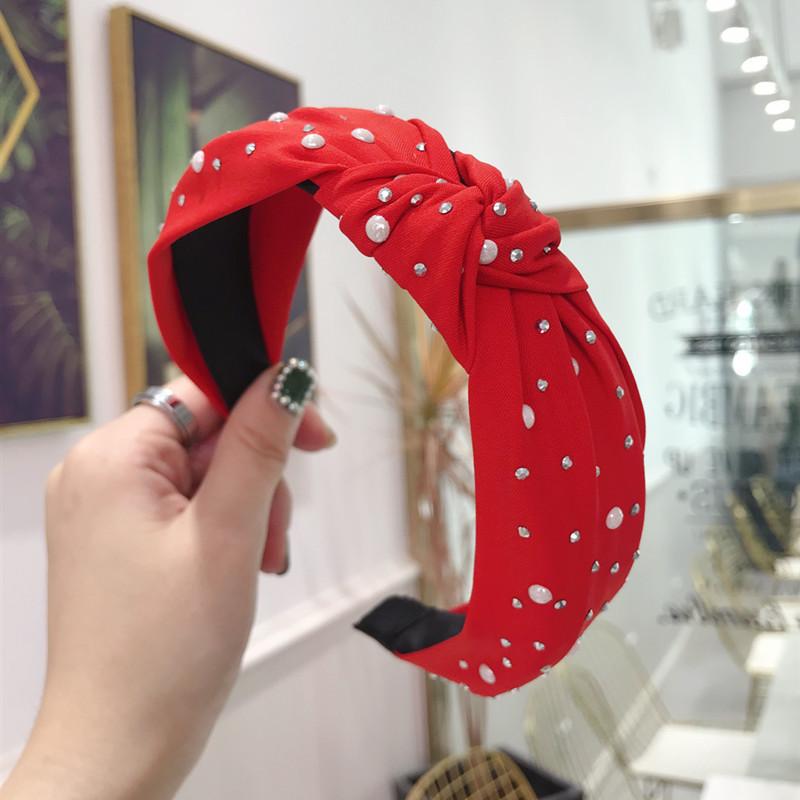 New Hair Accessories Solid Color Hot Drilling Pearl Knotted Twist Knot Wide-Brimmed Headband Female