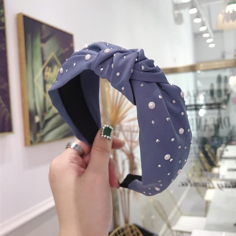 New Hair Accessories Solid Color Hot Drilling Pearl Knotted Twist Knot Wide-Brimmed Headband Female