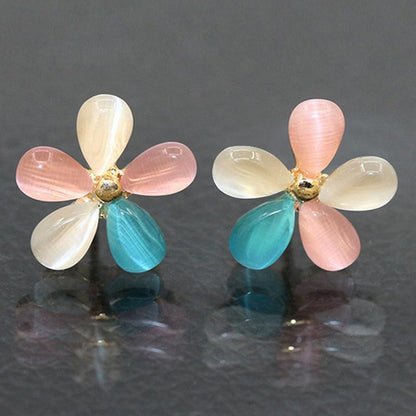 Fashion Cat's Eye Flower Earrings Women Sweet Five Petal Flower Earrings