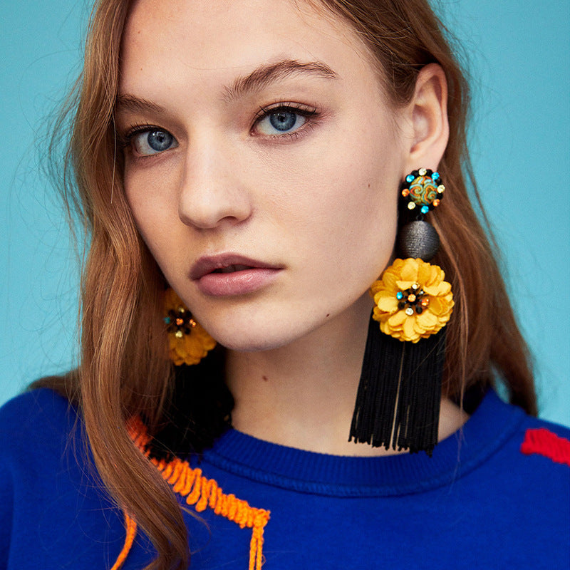 Gooddiy Exaggerated Style Large Flower Tassel Earrings Wholesale Jewelry