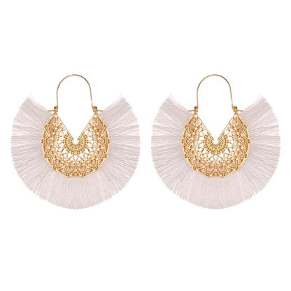 New Fashion Retro Exaggerated Fan-shaped Lace Pattern Tassel Earrings Wholesale