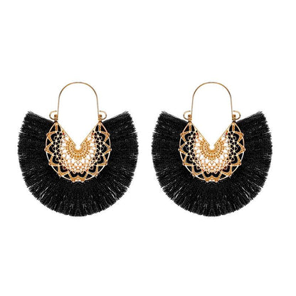 New Fashion Retro Exaggerated Fan-shaped Lace Pattern Tassel Earrings Wholesale