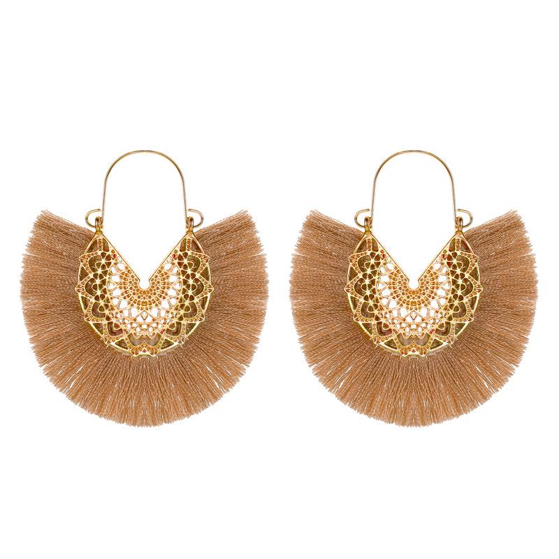 New Fashion Retro Exaggerated Fan-shaped Lace Pattern Tassel Earrings Wholesale