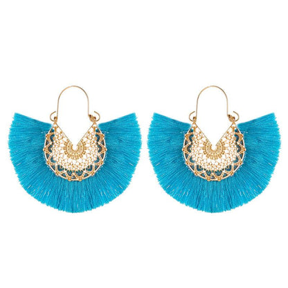 New Fashion Retro Exaggerated Fan-shaped Lace Pattern Tassel Earrings Wholesale