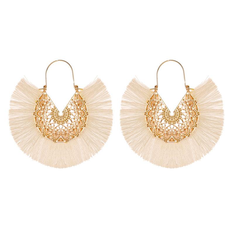 New Fashion Retro Exaggerated Fan-shaped Lace Pattern Tassel Earrings Wholesale