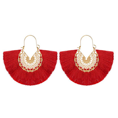 New Fashion Retro Exaggerated Fan-shaped Lace Pattern Tassel Earrings Wholesale