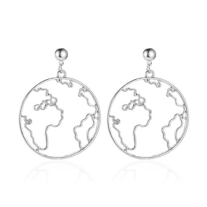 New Exaggerated Map Earrings Creative Design World Map Earrings Simple Round Hollow Earrings