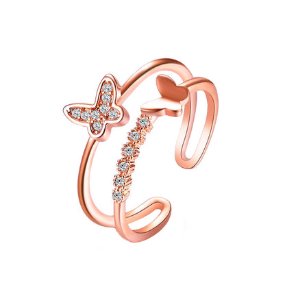 New Ring Double Butterfly Ring Ladies Popular Rose Gold Diamond Opening Adjustable Ring