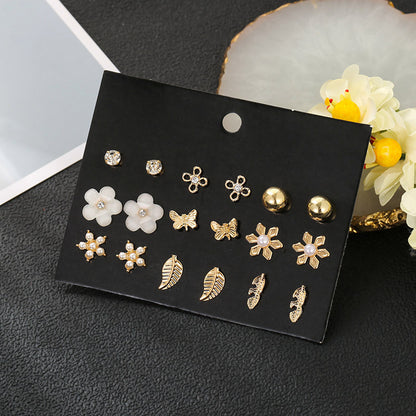 1 Set Fashion Leaves Flower Alloy Inlay Rhinestones Pearl Women's Ear Studs