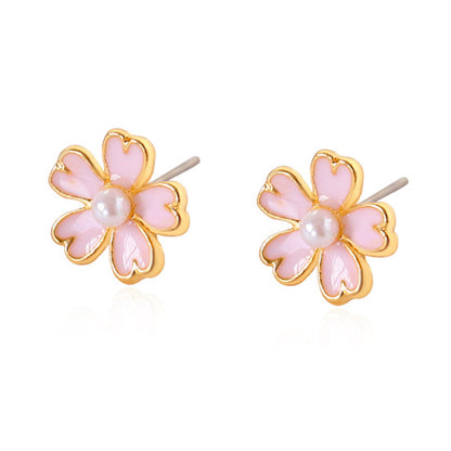 Korean Oil Pink Cherry Blossom Pearl Earrings Korean Shamrock Earring Wholesale Gooddiy