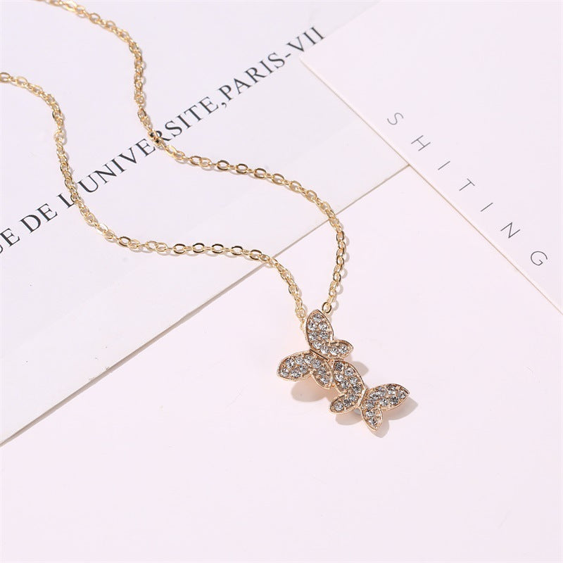 Explosion Necklace Temperament Full Diamond Butterfly Necklace Clavicle Chain Cute Insect Golden Butterfly Necklace Wholesale Gooddiy