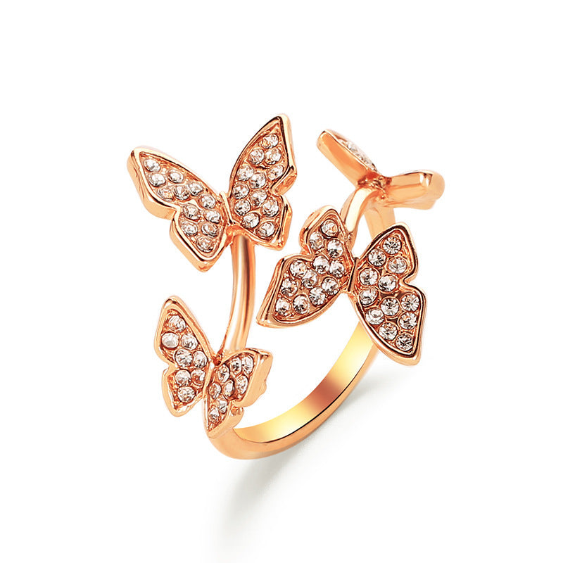 New Opening Ring Hand Ornament Full Diamond Four Butterfly Ring Finger Opening Ring Wholesale Gooddiy