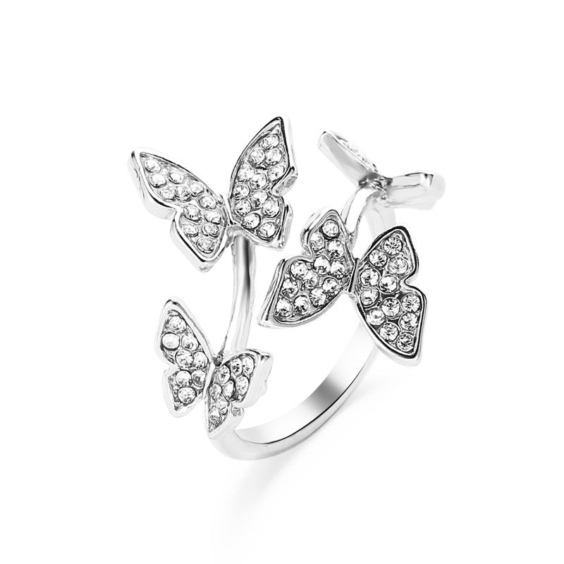 New Opening Ring Hand Ornament Full Diamond Four Butterfly Ring Finger Opening Ring Wholesale Gooddiy