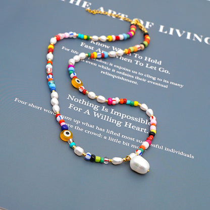 Simple Colored Glaze Evil Eye Pearls Natural Pearl Necklace Bohemian Beach Style Necklace Wholesale Gooddiy