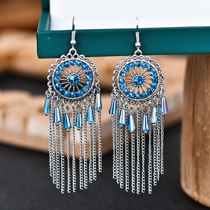 1 Pair Ethnic Style Round Tassel Alloy Plating Inlay Artificial Diamond Women's Drop Earrings