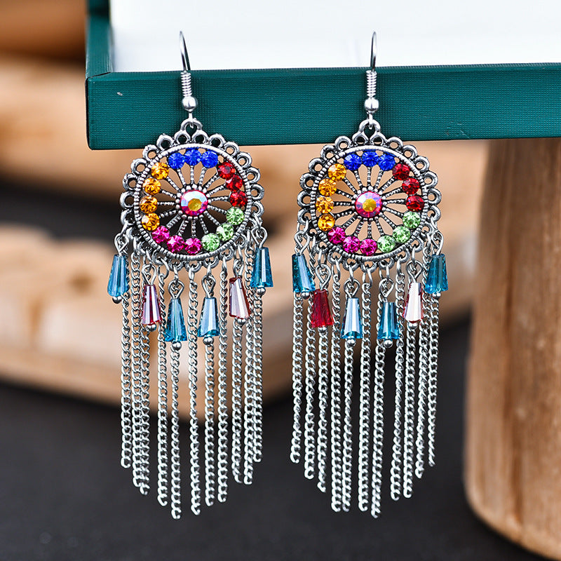 1 Pair Ethnic Style Round Tassel Alloy Plating Inlay Artificial Diamond Women's Drop Earrings