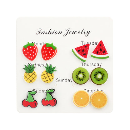 Korean Fruit Childlike Bright Color Strawberry Cherry Acrylic Women's Earrings Set