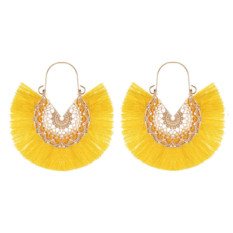 New Retro Exaggerated Fan-shaped Lace Patter Ethnic Style New Tassel Earrings Wholesale