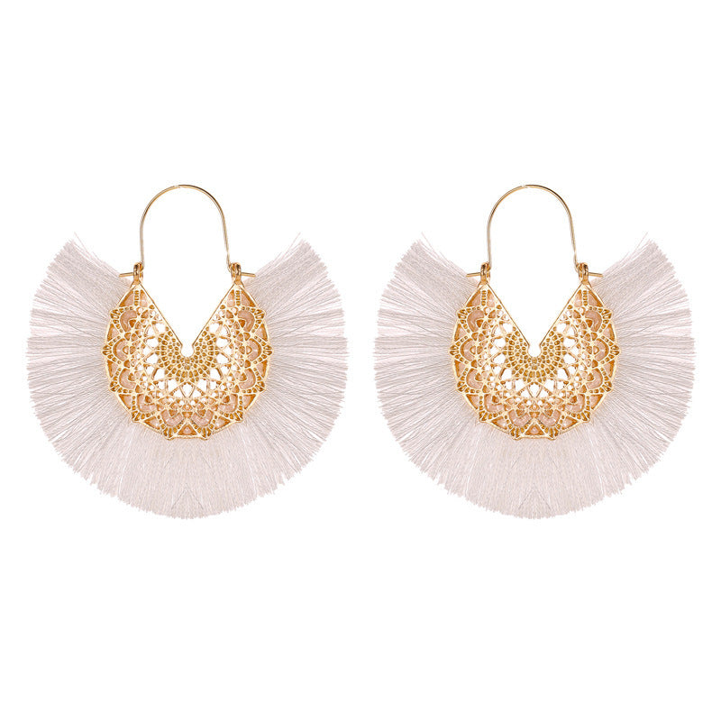 New Retro Exaggerated Fan-shaped Lace Patter Ethnic Style New Tassel Earrings Wholesale