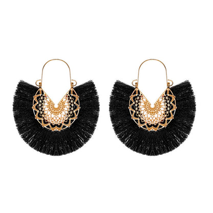 New Retro Exaggerated Fan-shaped Lace Patter Ethnic Style New Tassel Earrings Wholesale