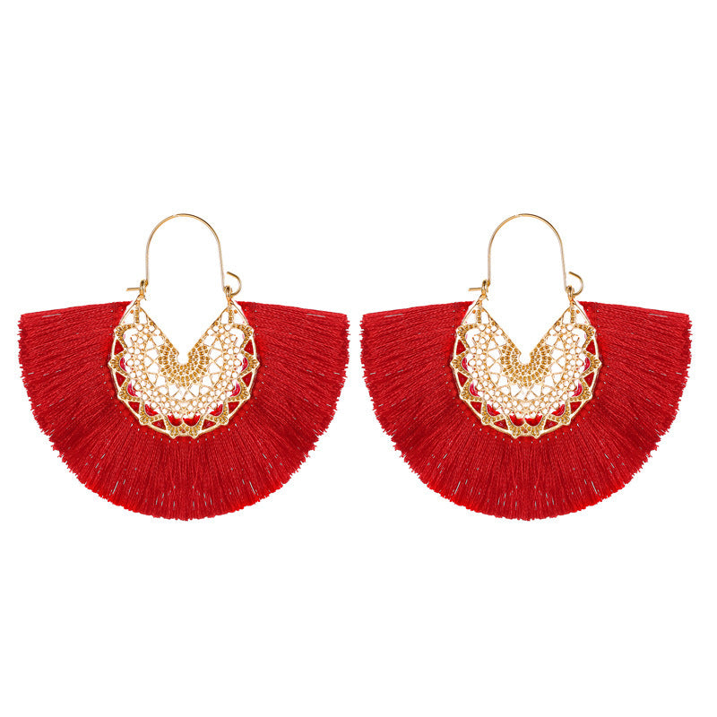 New Retro Exaggerated Fan-shaped Lace Patter Ethnic Style New Tassel Earrings Wholesale