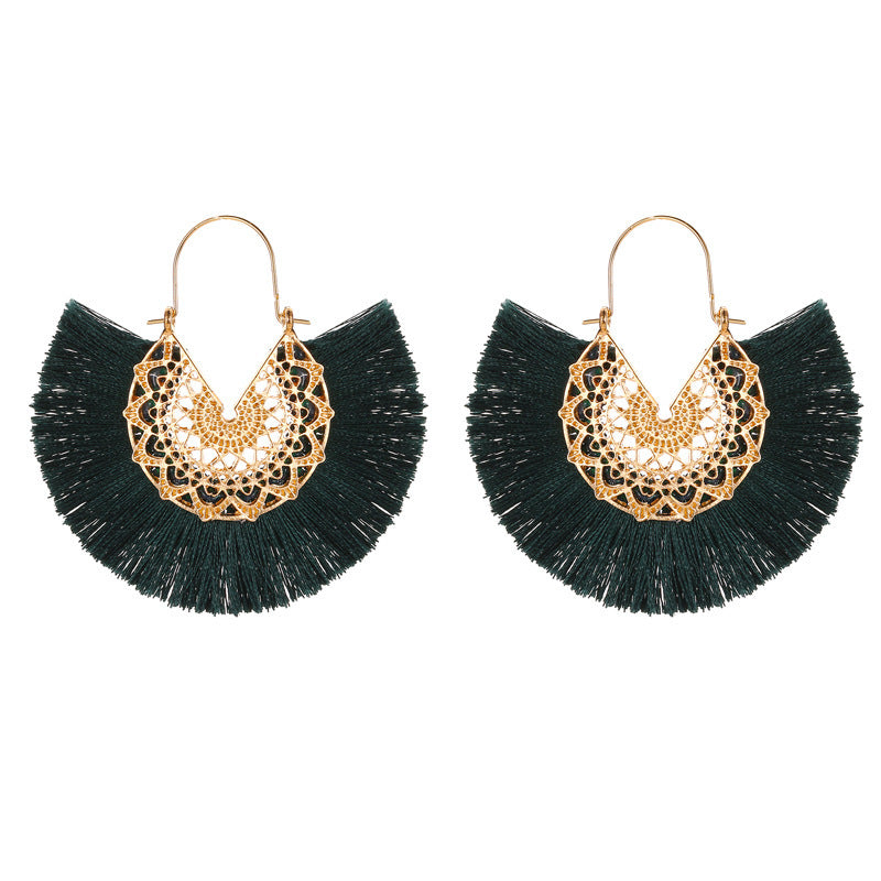 New Retro Exaggerated Fan-shaped Lace Patter Ethnic Style New Tassel Earrings Wholesale