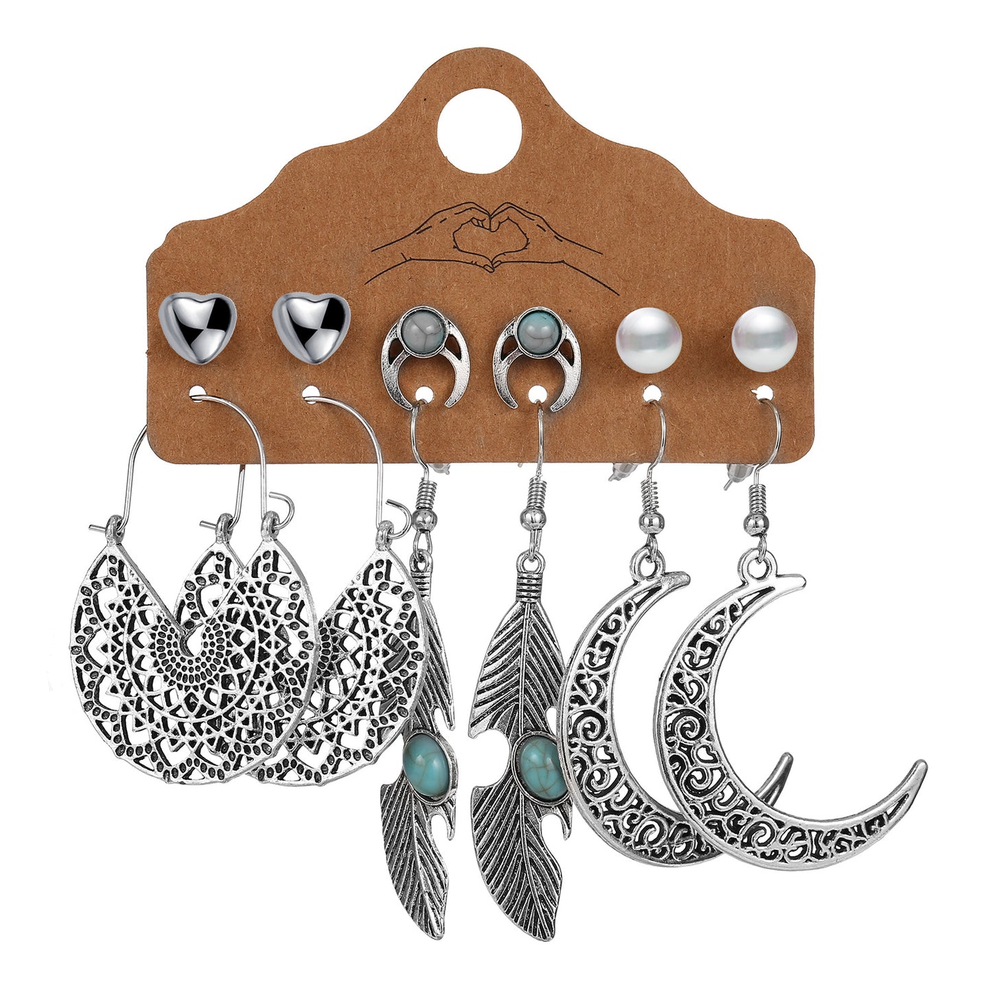 Sun Leaf Moon 6 Pairs Of Earrings Creative Retro Hollow Carved Earrings Wholesale