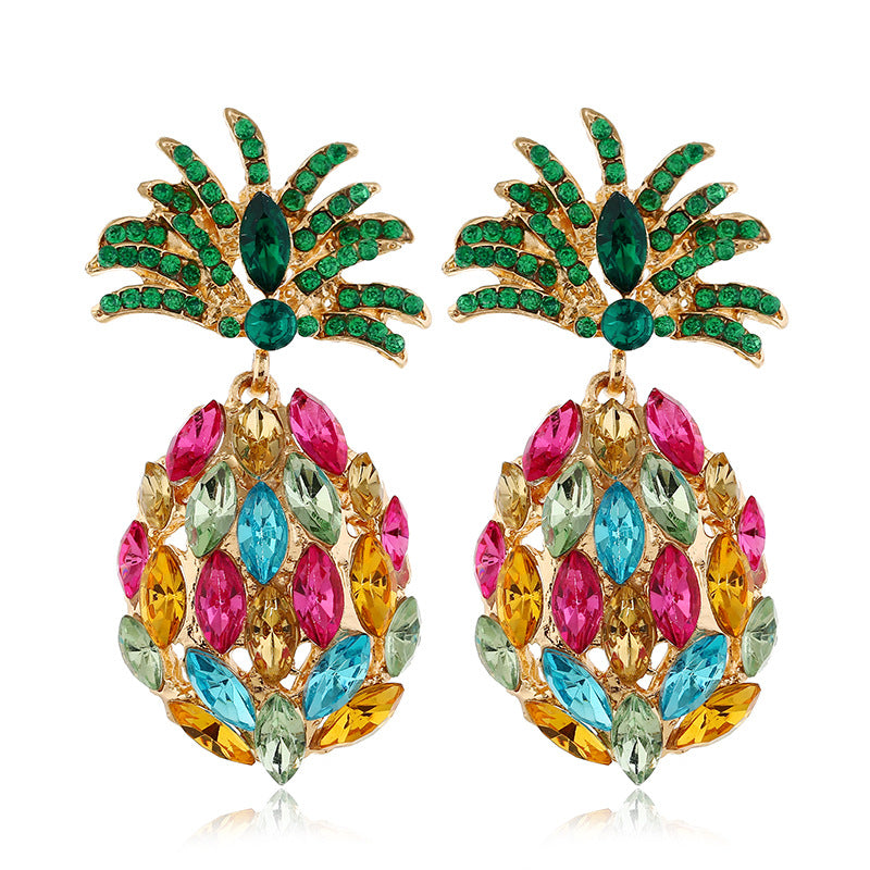 Fashion Creative Fruit Pineapple Inlaid Colorful Diamond  Earrings Wholesale