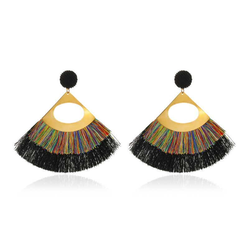 Exaggerated Hollow Tassel Earrings Bohemian Double Fan-shaped Retro Earrings Wholesale