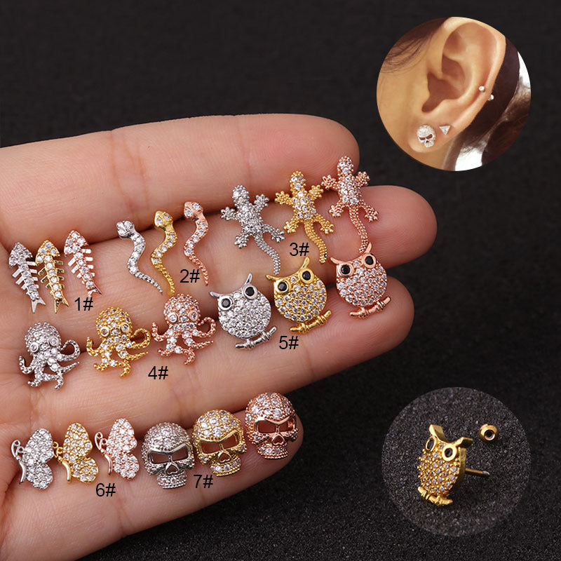 Hot Sale Animal Zircon Cartilage Creative Exaggerated Skull Head Screw Earrings