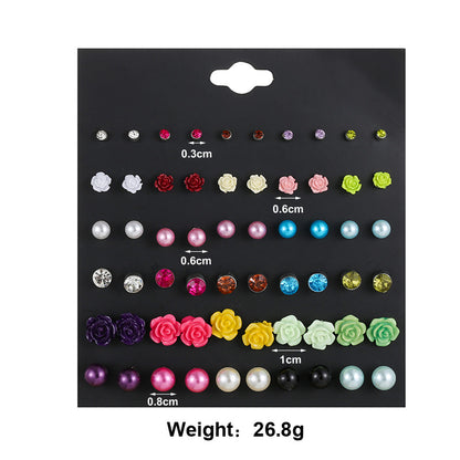 Fashion Diamond-studded Color Flower Pearl Acrylic 30 Pairs Set Alloy Earrings