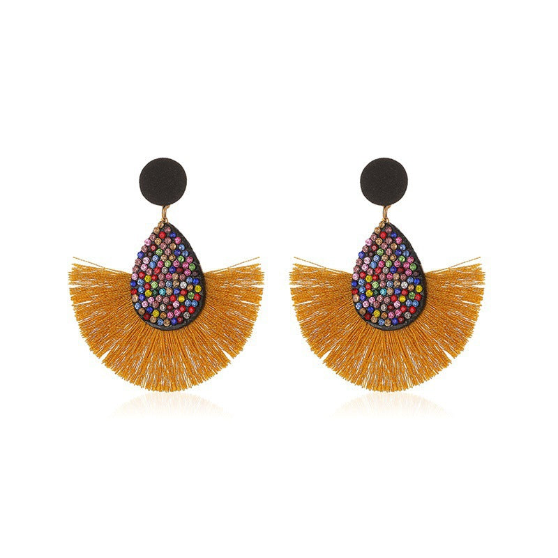 New Retro Exaggerated Colored Diamond Bohemian Creative Fan-shaped Tassel Earrings Wholesale