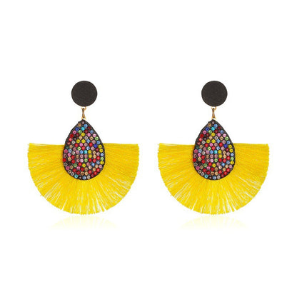 New Retro Exaggerated Colored Diamond Bohemian Creative Fan-shaped Tassel Earrings Wholesale