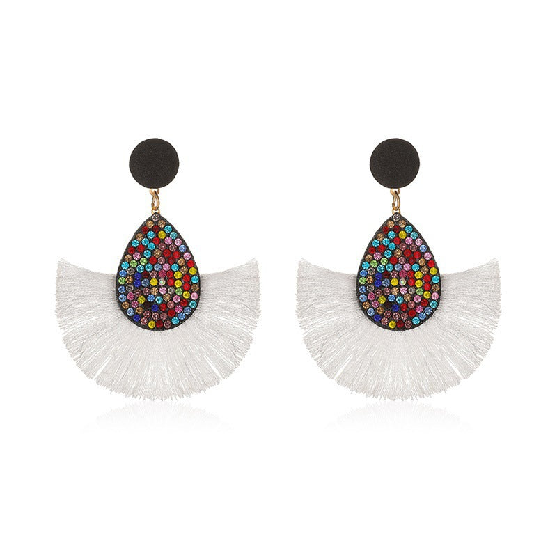 New Retro Exaggerated Colored Diamond Bohemian Creative Fan-shaped Tassel Earrings Wholesale